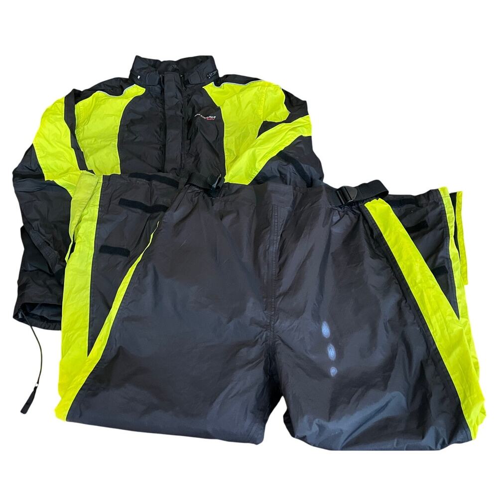 Olympia‎ Moto Sports Rain Suit 2XL Black Hi-Viz Jacket Pants EZ Pack Hood